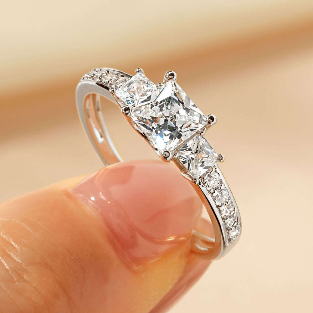 Square Imitation Moissanite Three Diamond Classic Style Light Luxury Niche Design Zircon Ring for Women