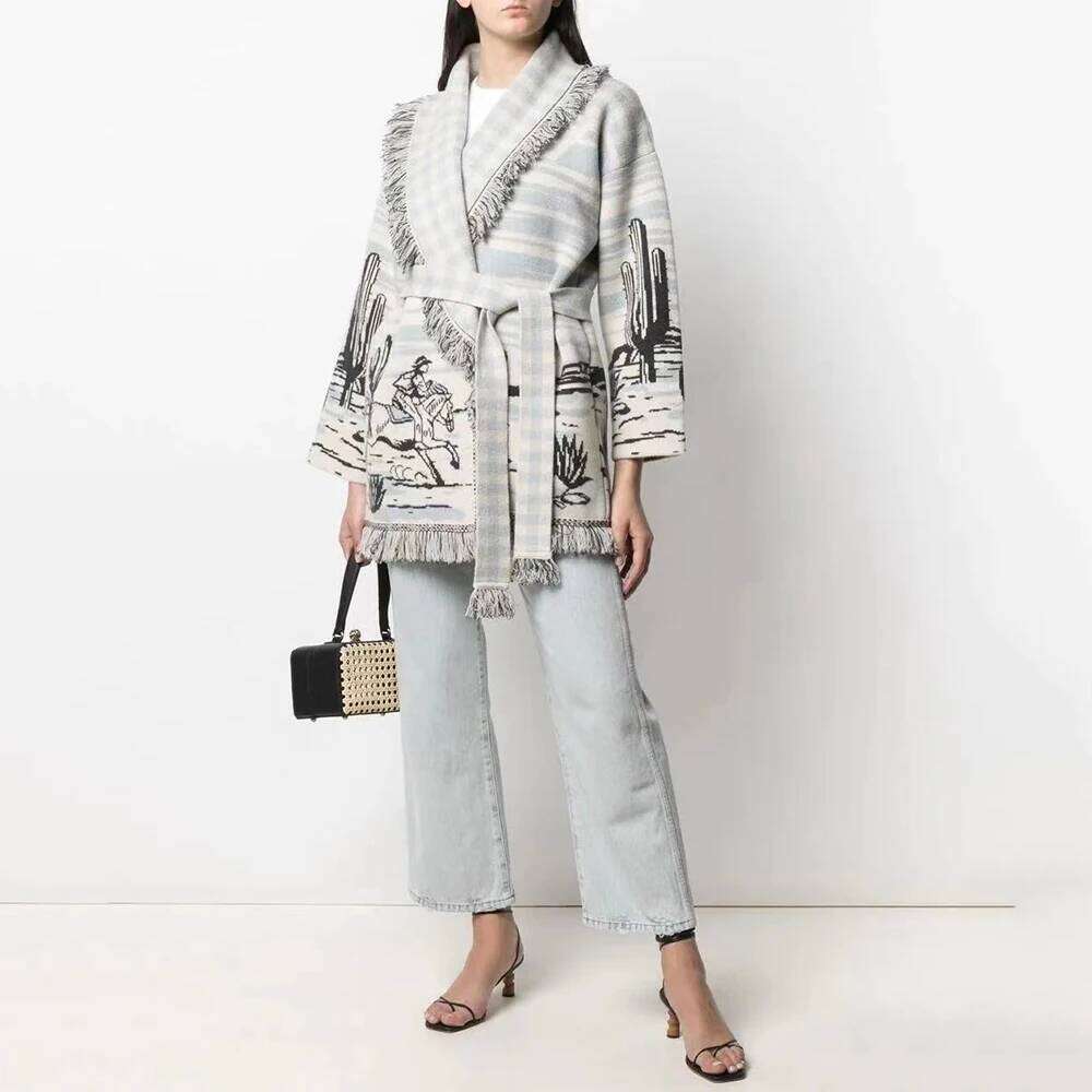 Designer Clothing Luxyonuo Women's Wool Blend Sweater Fashion Tassel Doodle Jacquard Knitted Coat High Quality Loose Full Sleeve Knit Cardigan Ne