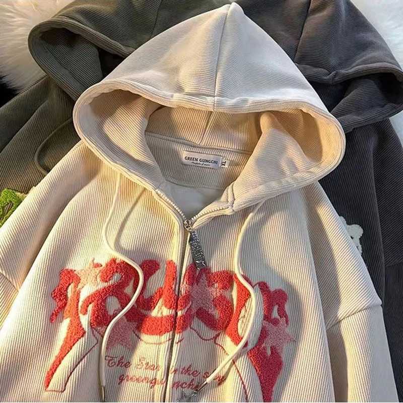 Fashion Embroidery Zip Up Hoodies Women Autumn Long Sleeve Tops Loose Hood Shirt Harajuku Y2K Clothes Female Sweatshirt Jacket Z250719