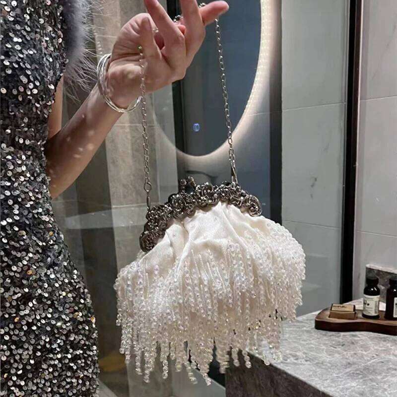 Beaded Tassel Women's Fashion Cheongsam Clip Pearl Chain Satin Handbag High-Quality Crossbody Bag