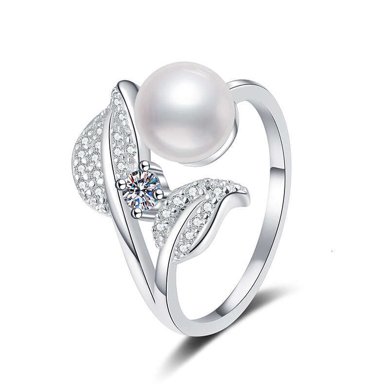 S Pure Silver Moissanite Women Petal Freshwater Pearl Adjustable Ring 47a
