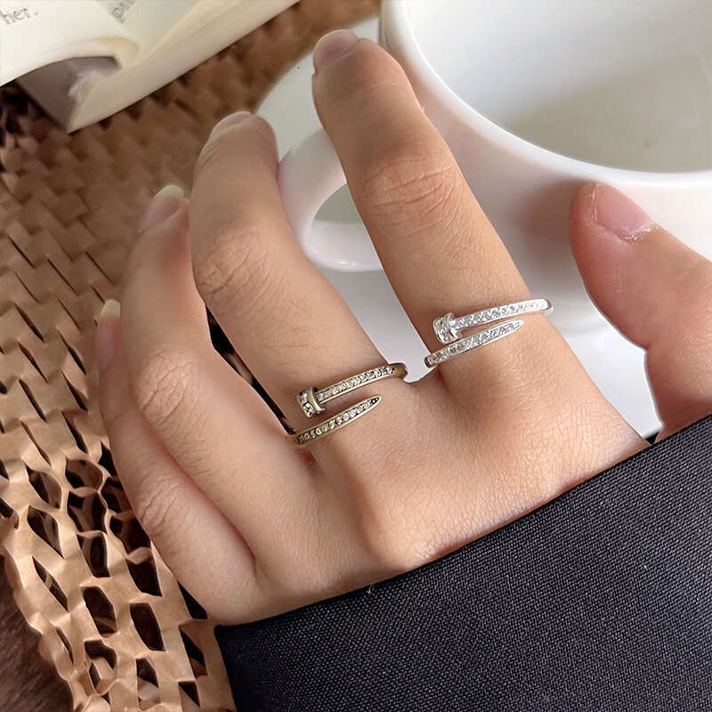 Lanzhi High-End Sense Nail Personality Light Luxury Micro-Inlaid Jewelry Women Ancient Bronze Korean Ins Open Silver Ring