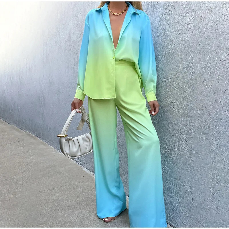Womens Suit Elegant Long Sleeve Shirt Straight Pants Two Piece Set Chic Street Womens Casual Loose Gradient Shirt 2 Piece Set 250715