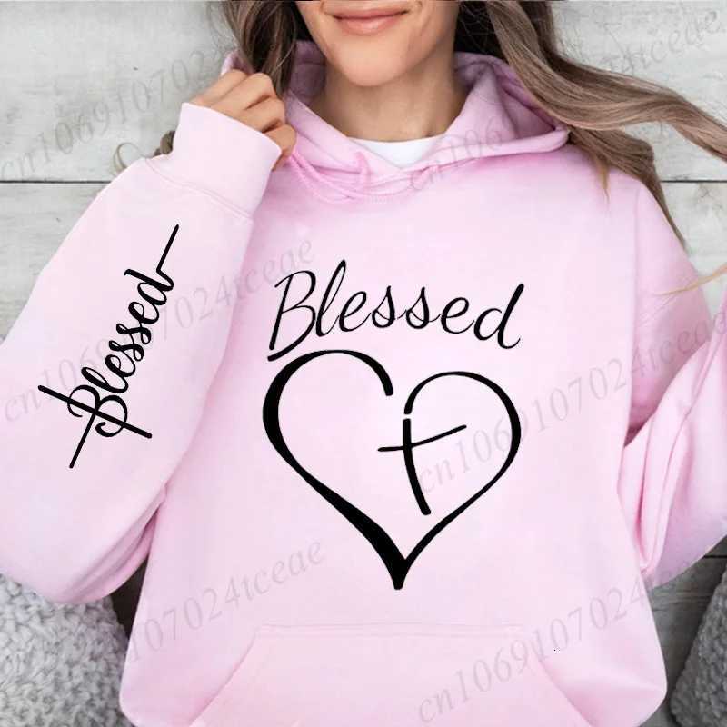 Hoodie for Women Blessed and Heart Letters Warm Fleece Woman Hoody Sweatshirts Blessed Cross Autumn Hoodies Y2K Casual Tops Z250719
