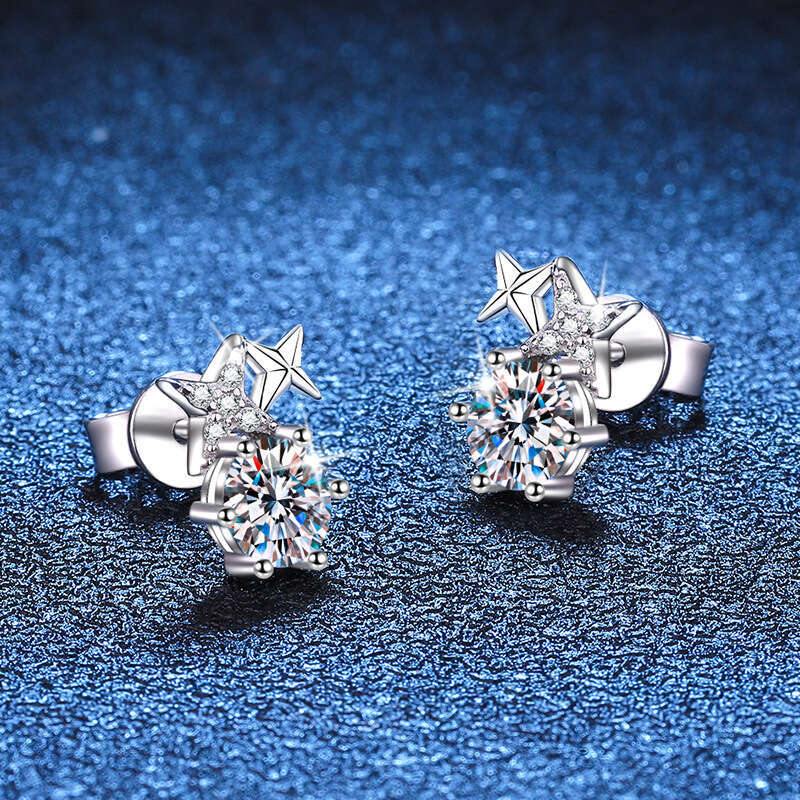 S Pure Sier Simple Six-Prong Korean Style Eight-Pointed Star Earrings 1 Carat D Color Moissanite Studs for Women 316