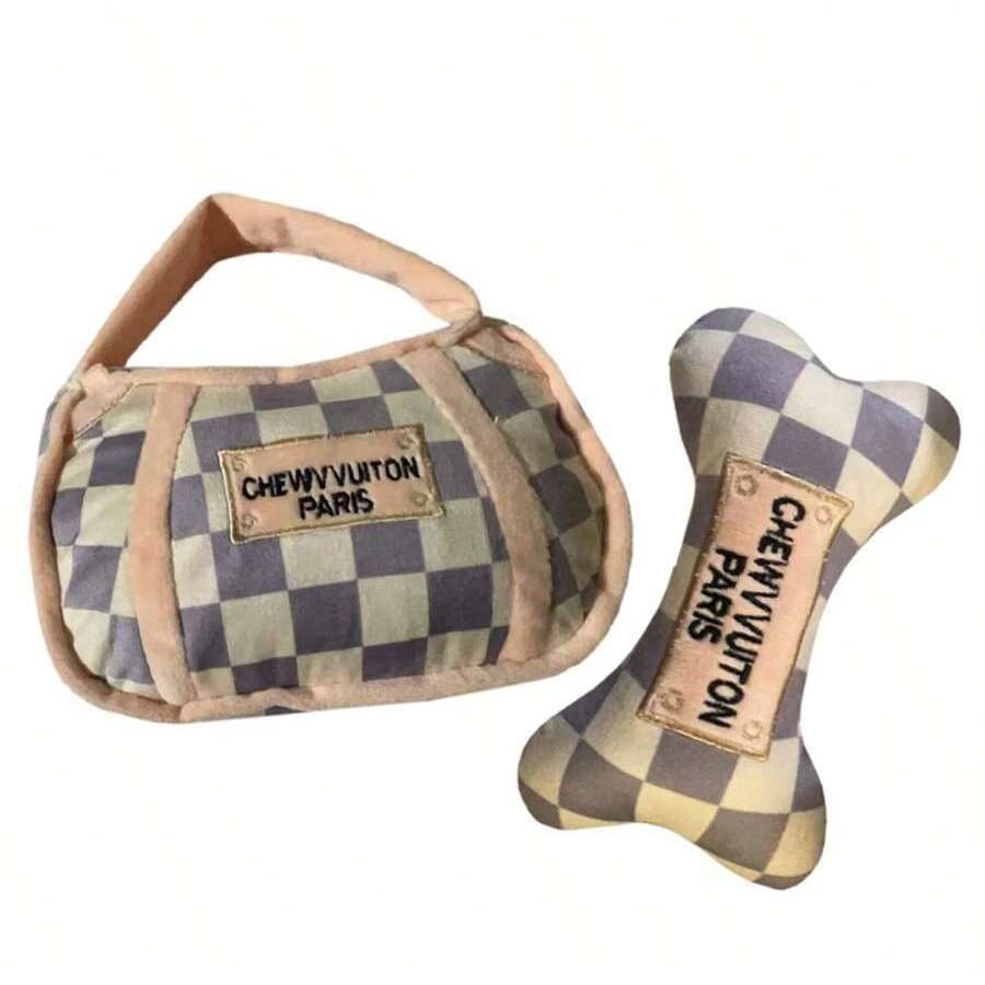 Checker Chewy Vuiton Bone, Plush Designer Dog Toys with Interactive Squeaker, Stimulating Pet Enrichment, Machine-Washable & Safe Materials for All Br