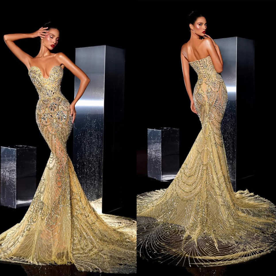 Exquisite Mermaid Evening Dresses Crystal Beading Strapless Backless Prom Gowns Special Occasion Party Banquet Customized