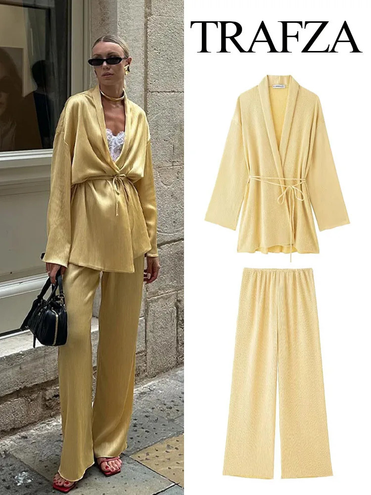 TRAFZA Women 2 Piece Set Pleated Texture Lace Up Decorate Fashion Kimono Shirt TopSolid Elastic Waist Wide Leg Long Pant Mujer 250714