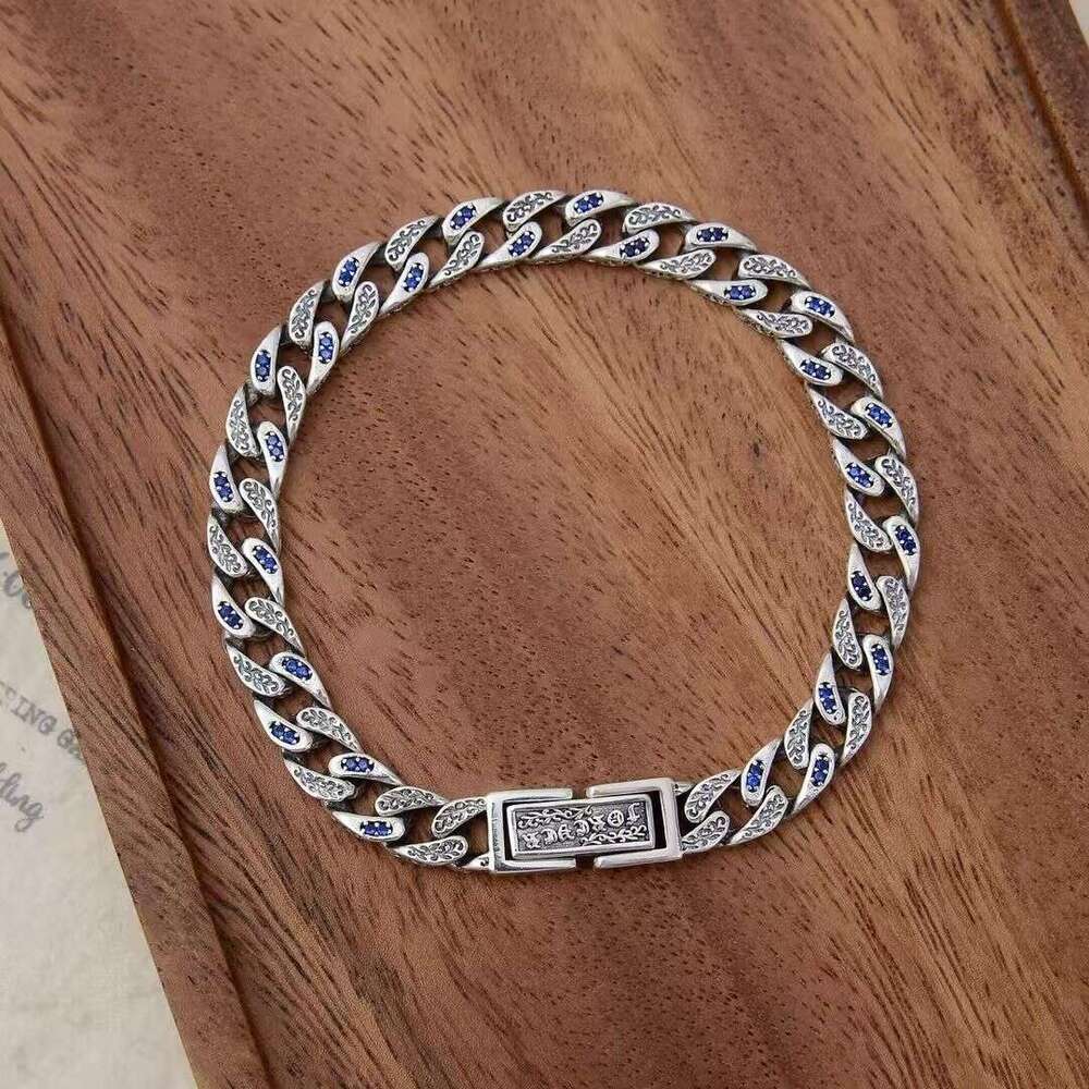 Plated New Thai Sier Bracelet Cuban Tang Grass Pattern Flat Chain Personality Trendy Men's Ethnic Style Simple New jewelry
