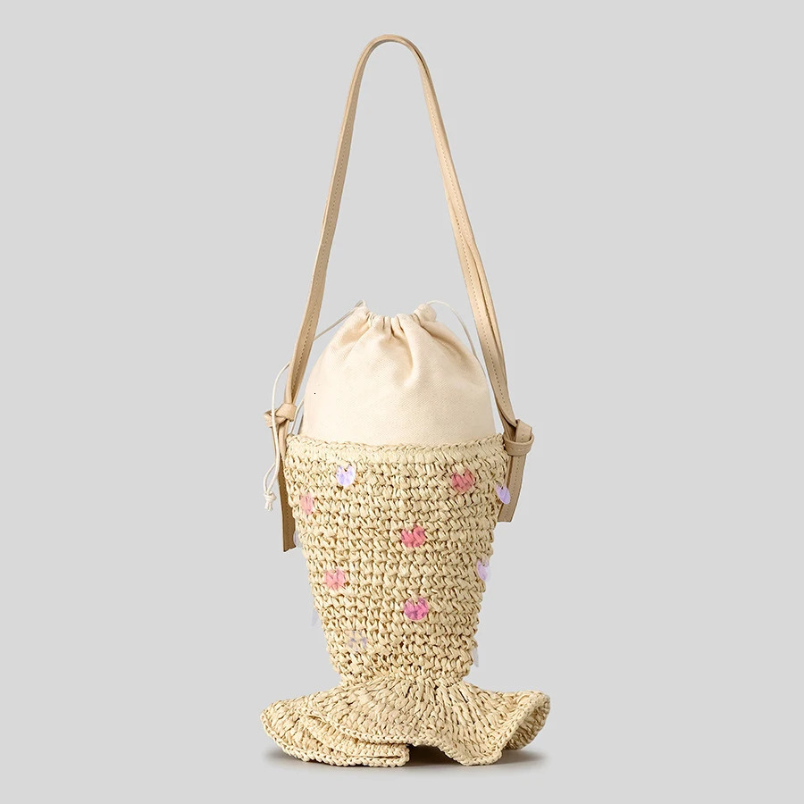 Ceative Sequins Fish Shaped Straw Women Shoulder Bags Paper Woven Crossbody Bag Funnuy Cute Summer Beach Bag Small Female Purses 250717