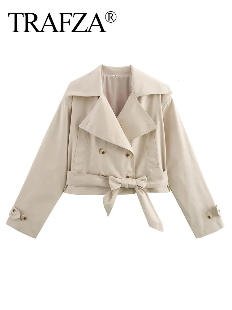 TRAFZA 2025 Spring Retro V-neck Double Breasted Womens Pocket Top Loose Jacket Womens Street Casual Lace-up Short Trench Coat 250716