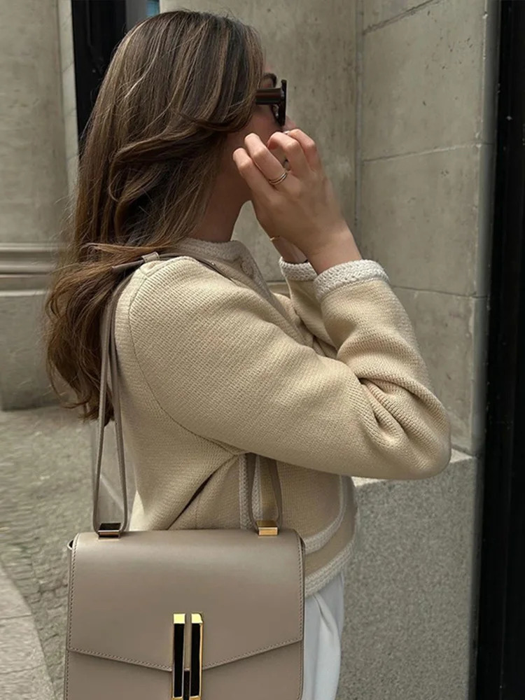 Chic Patchwork Single Breasted Knitting Cardigan Women Elegant O Neck Long Sleeve Pocket Sweater Coat Office Lady Crop Top 250715