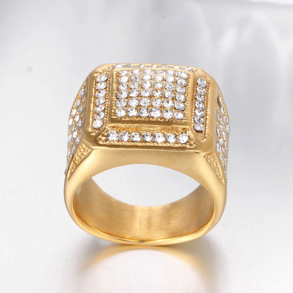 Hip Hop Iced Out Bling Square Ring Male Wholesale Gold Color Stainless Steel Big Rapper Rings For Men Fashion Party Jewelry Gift 250717