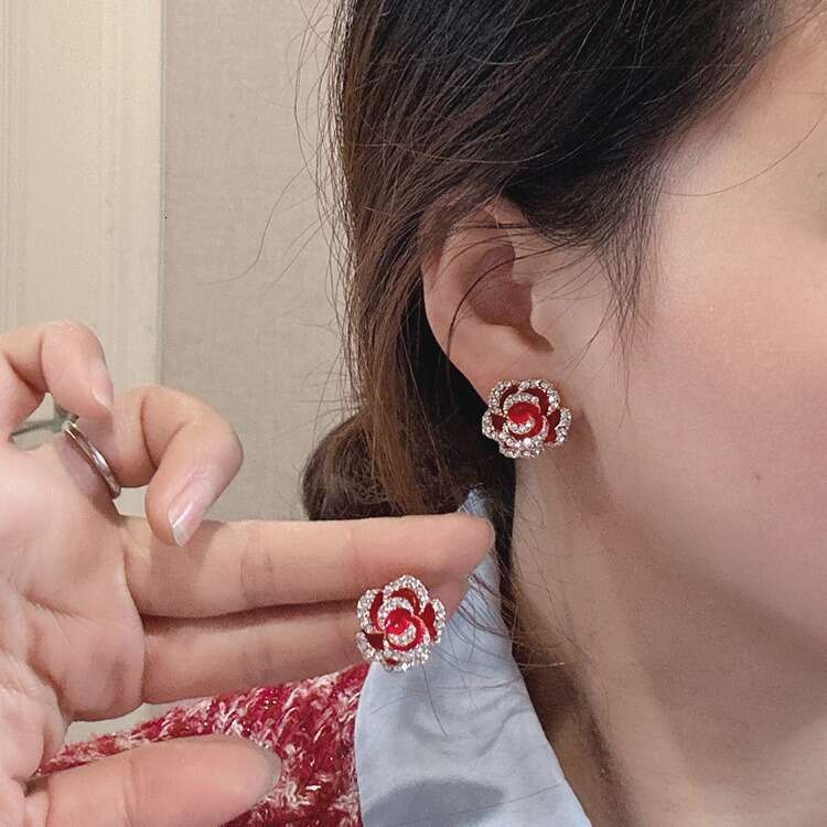 S Sier Needle Korean High-End Camellia Elegant Fashion Women's Three-Dimensional Rose Flower Earrings