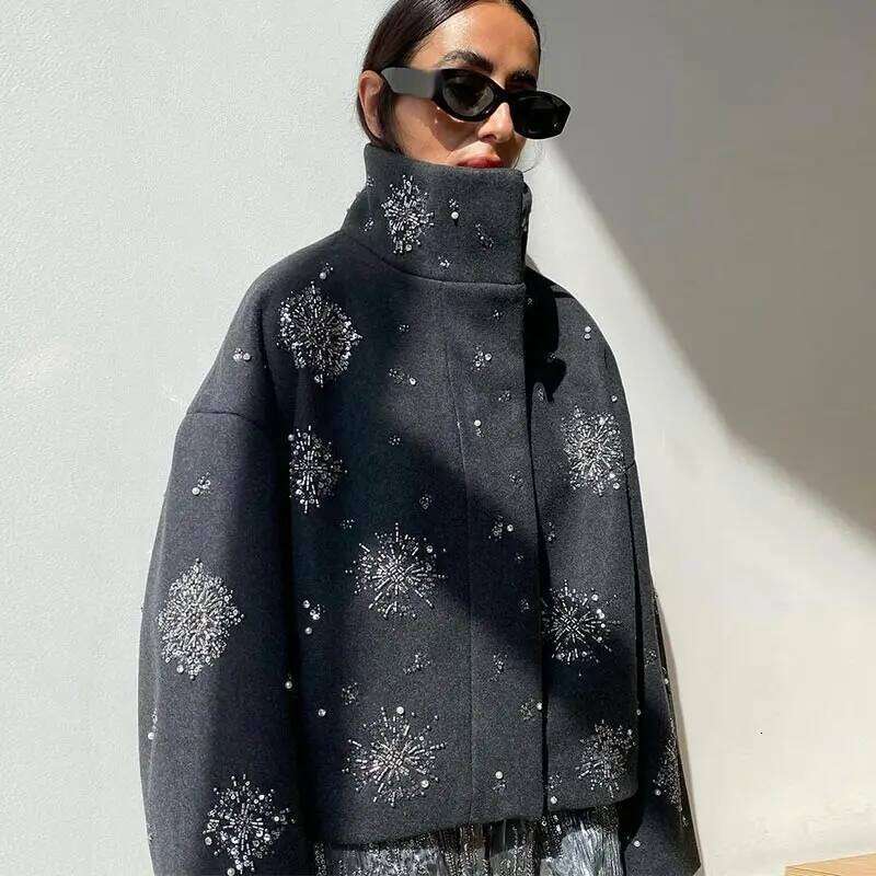 Casual Embroidery Beading Loose Women Coat Lapel Collar Bat Sleeve Solid Wool Blend Jacket New Lady Spring Outerwear