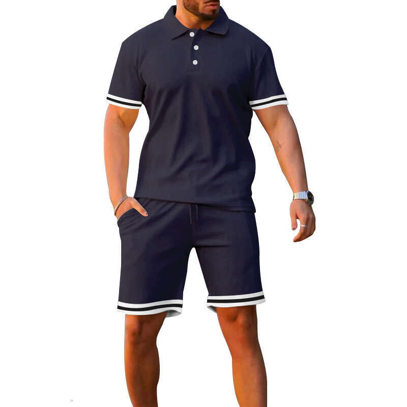 Hot Selling Foreign Trade Summer Turn-down Collar Buttoned Patchwork Short Sleeve Shorts Sports Casual Youth Plus Size Men Set