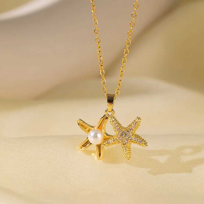 Stylish and Attractive Titanium Steel Necklace with Copper Micro-inlay Featuring Starfish Pendant and Zircon W250718
