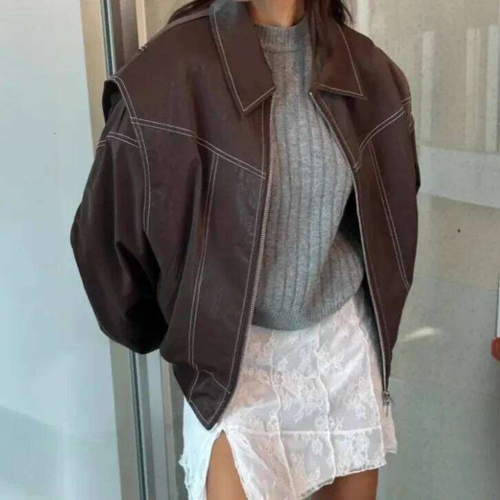 Vintageredzip-up Long Sleeve Leather Jacket Casual Style Lapel Patchwork Autumn/Winter New Arrival From China