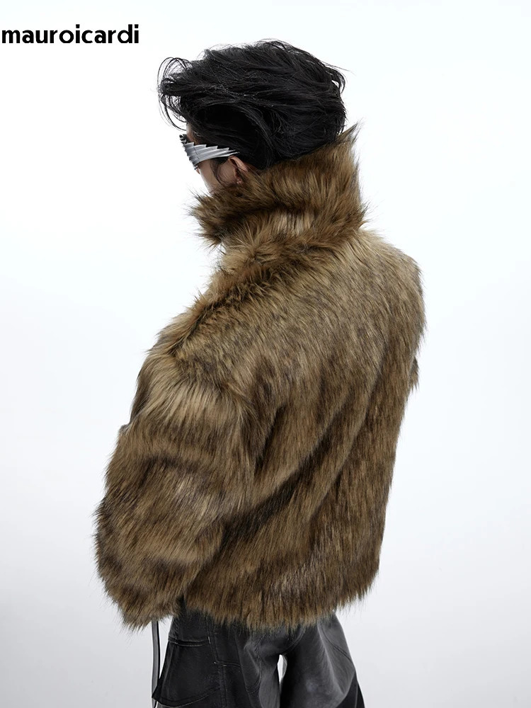 Mauroicardi Winter Short Thick Warm Brown Hairy Soft Faux Fur Coat Men with Turn-down Collar Long Sleeve Fluffy Jackets 250715