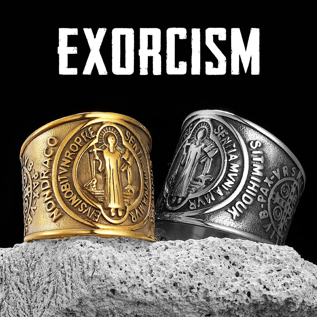 Saint Benedict Exorcism Amulet Men Rings Stainless Steel Women Jewelry Punk Rock Cool Stuff Fashion Accessories Gift Wholesale 250717