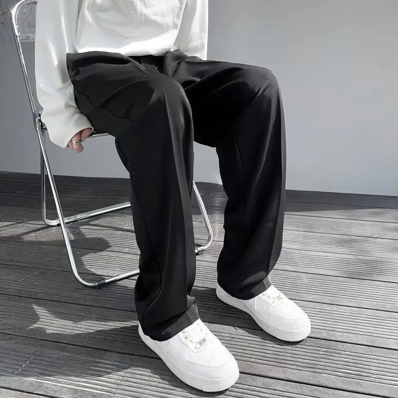 Mens Clothing Summer Casual Business Pure White Loose Fit Lightweight Draped Ice Silk Straight Wide Leg Dress Pants 250715