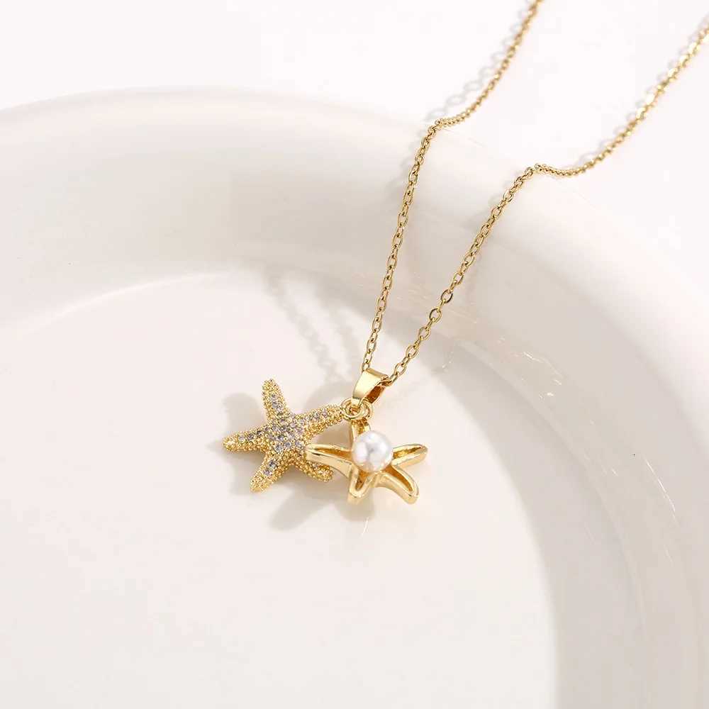 Stylish and Attractive Titanium Steel Necklace with Copper Micro-inlay Featuring Starfish Pendant and Zircon W250718