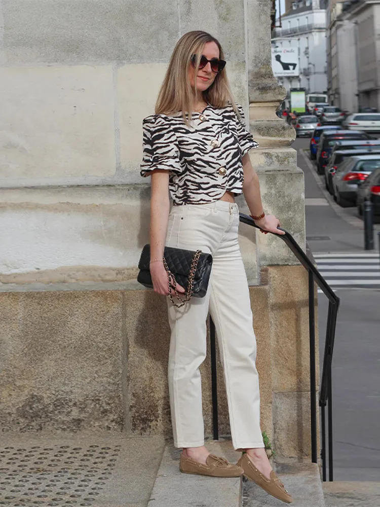 Zebra Stripes Mini Skirt Suits Women Puff Sleeve Single Breasted Shirts Hip Package Short Skirts 2 Pieces Sets Commute OL Outfit 250717