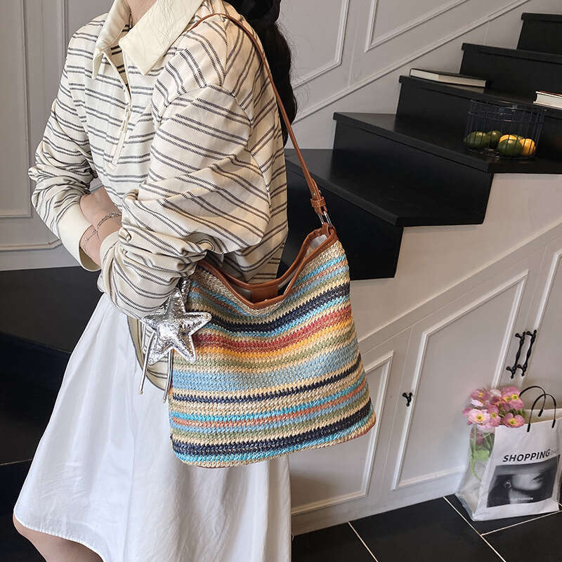 Rainbow Striped Straw Fashion Single Shoulder 2025 Summer New Women's Crossbody Handheld Woven Bucket Bag