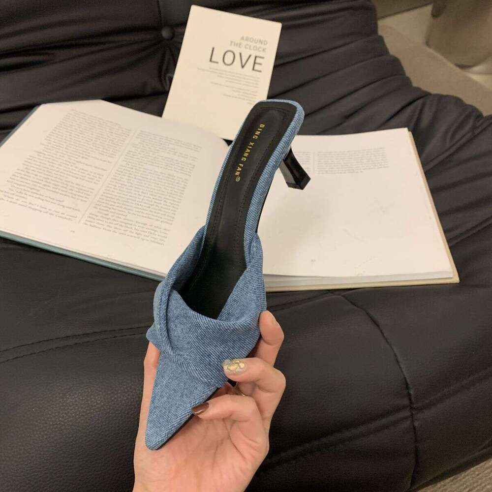 2025 Summer Pointed Open Toe Denim Blue Outdoor Slippers Fairy Style Thin High Heel One-Strap Sandals with Bowknot