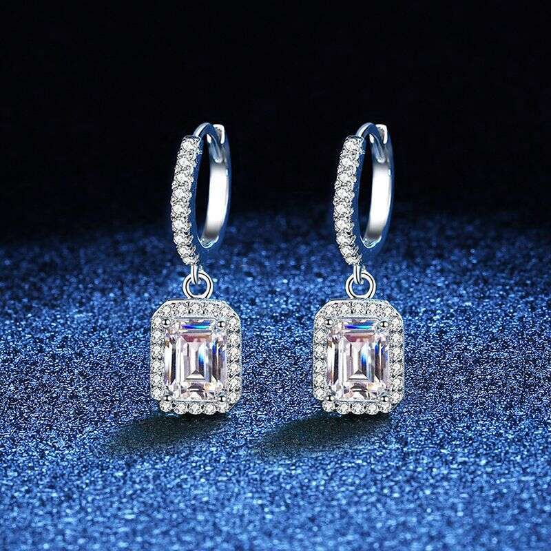 One Carat for Women, Sterling Sier Plated Earrings, Emerald Cut Moissanite Earrings 306