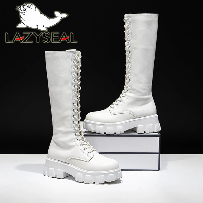 LazySeal Winter Long Boot Shoes Women White Lace Up Zip Height Increasing Pu Leather Shoes Plush Botas Mujer Big Size 43 250714