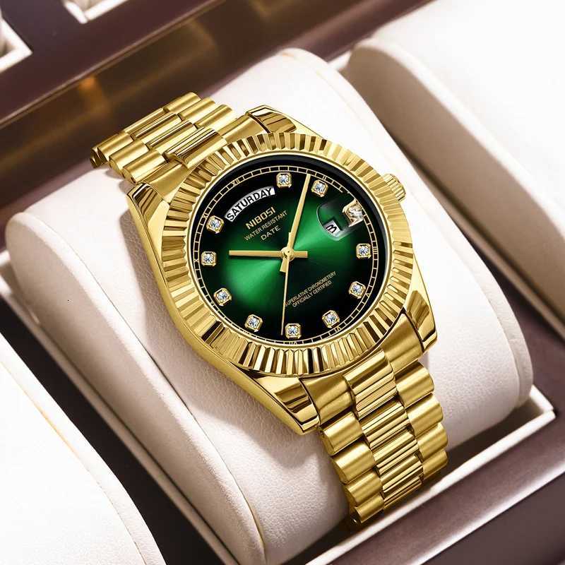 NIBOSI Luxury Gold Quartz Watch Men Stainless Steel Waterproof Luminous Date Week Fashion Diamond Mens Watches Relogio Masculino W250718