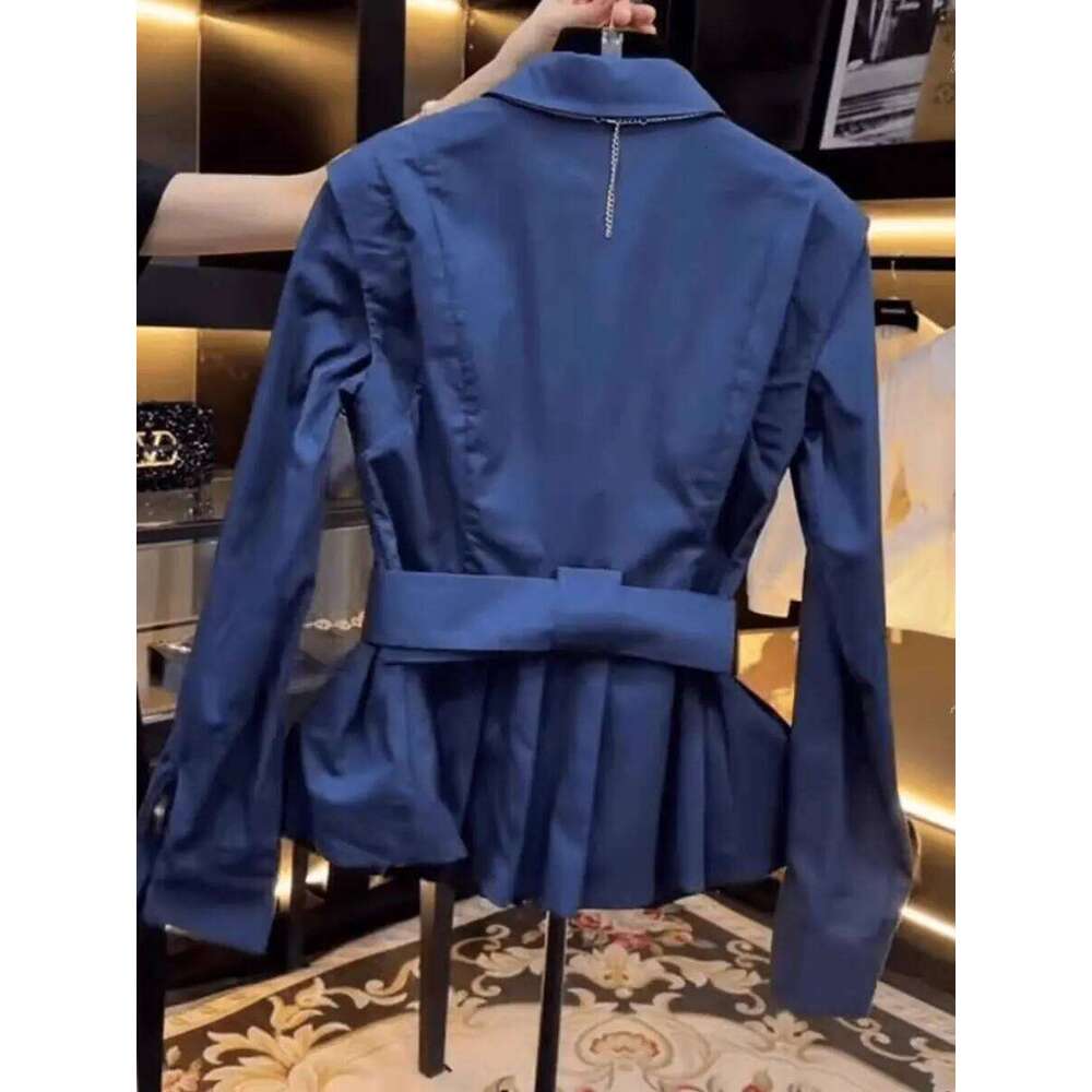 French Design Splicing Pleated Lapel Blue Shirt for Women Autumn New Waist Femmale Top Long Sleeves Blouses