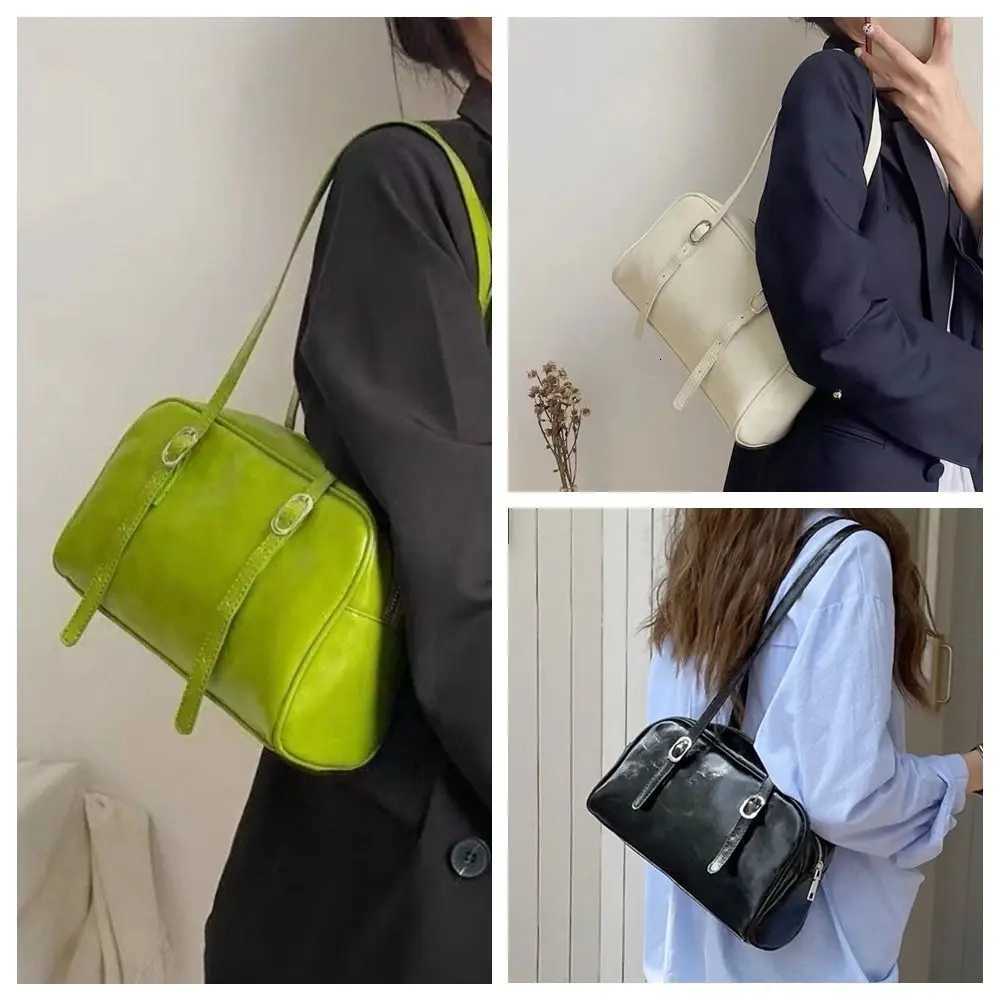 Portable Green Boston Bag Large Capacity Korean Style PU Leather Shoulder Bag Pillow Bag for Women Handbag for Girls Y250719