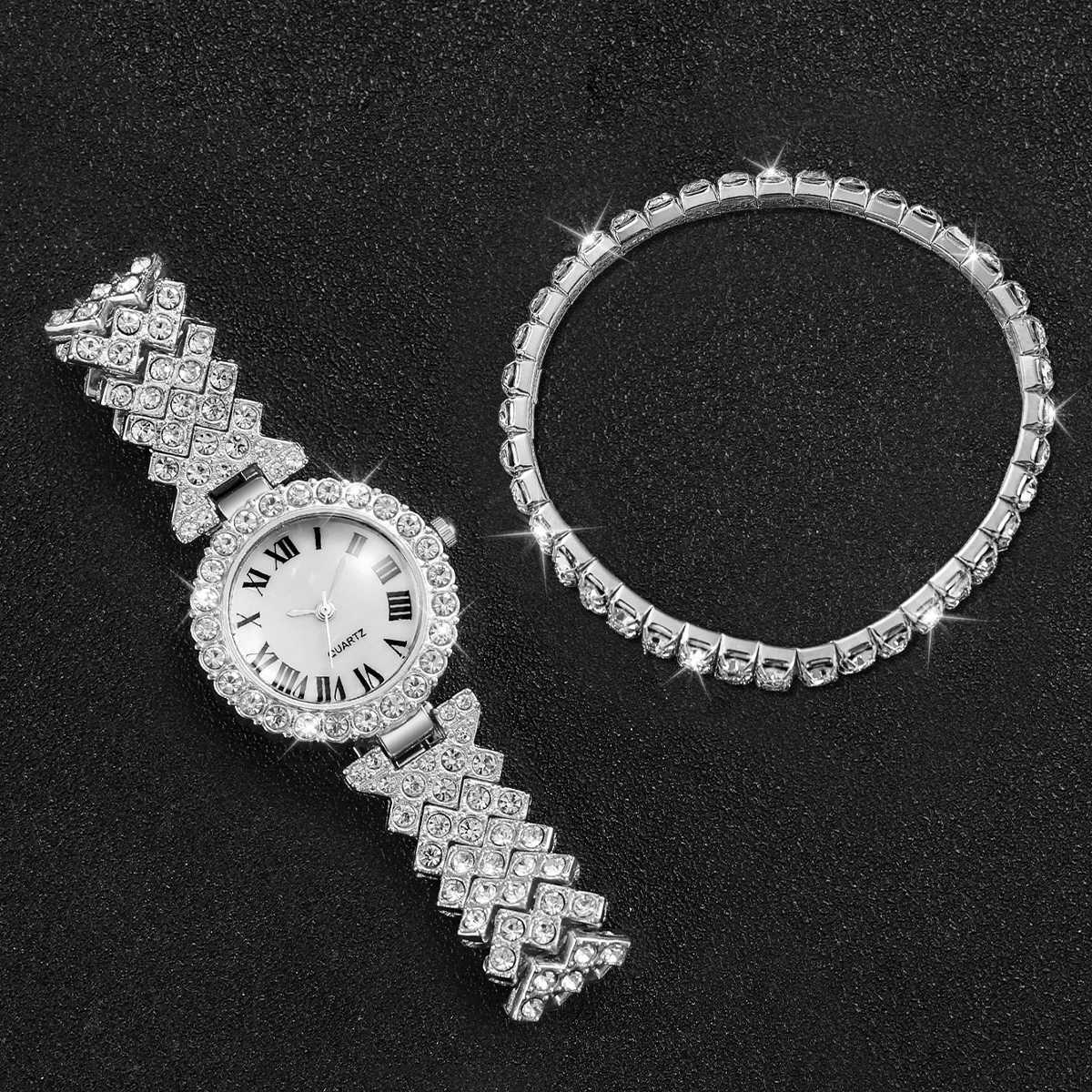 2PCs/Set Womens Luxury Watch Fashion Diamond Inlaid Dial Quartz Temperament Girls Watch Bracelet Set (Box Not Included) W250718