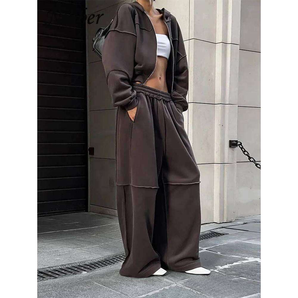 Nibber Casual Tracksuit Women 2 Piece Set Panelled Stripes Sporty Simple Hipster Hooded Zip Jacket+Wide Pants Matching Suits