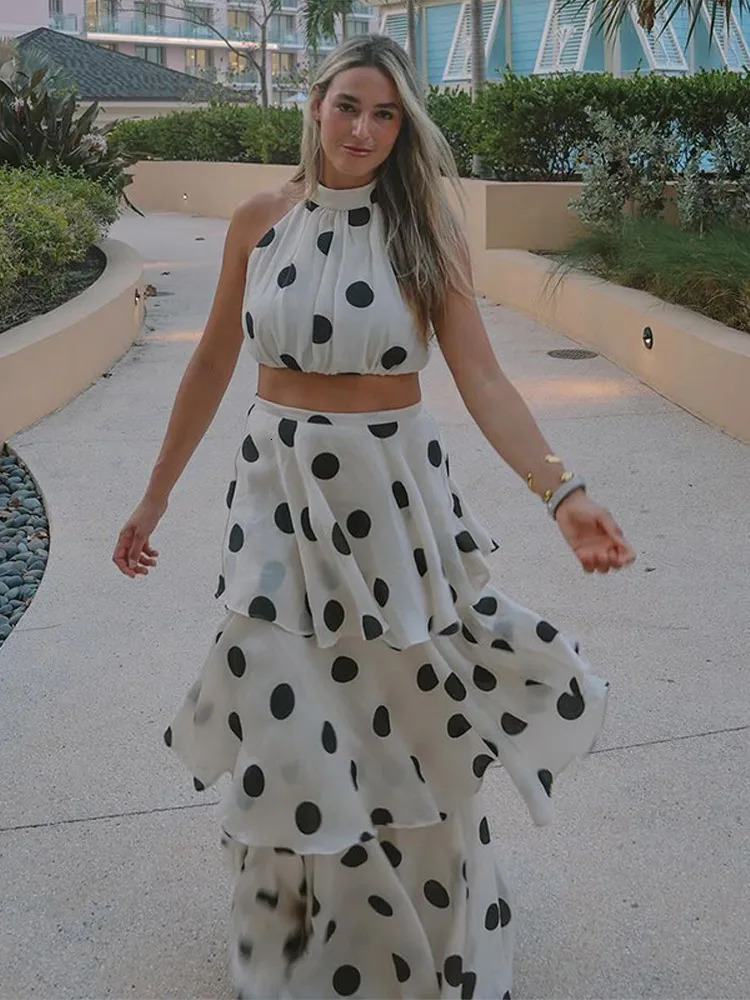 Fashion Polka Dot Womens Two Piece Suit Halter Sleeveless Top Elastic Waist Pleated Long Skirt Summer Lady Party Outfits 250717
