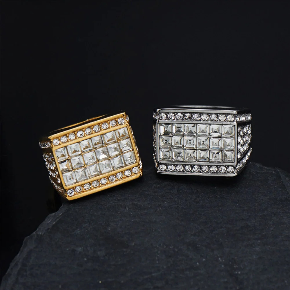 iced Out Mens Ring Gold Color Stainless Steel Cubic Zirconia Shiny Big Square Rings For Men Rapper Hip Hop Jewelry Drop 250717