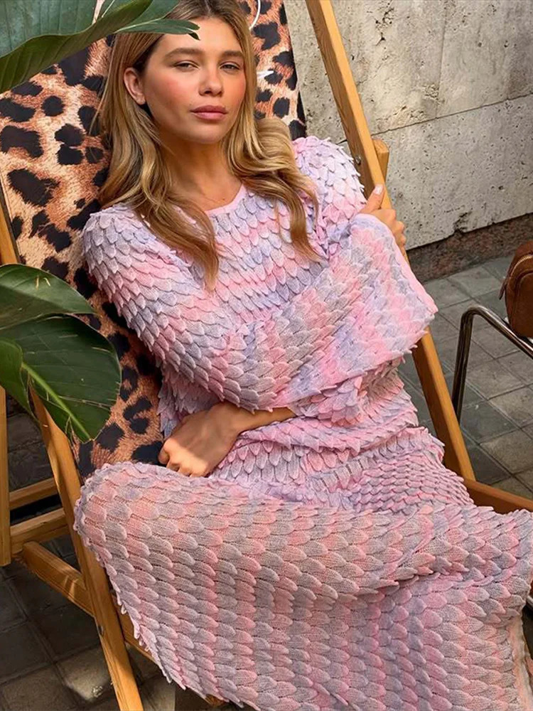 Knitted Scale Thin Sweater Long Pant Set Lady Casual O-neck Sweaters Loose Straight Pants Sets Women Chic Street Outfits 250714