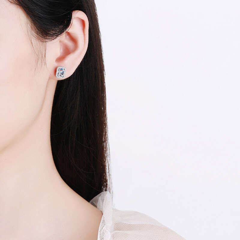 S Sterling Sier for Women Rectangular Radiant Group Emerald Cut D Color Moissanite Earrings e34