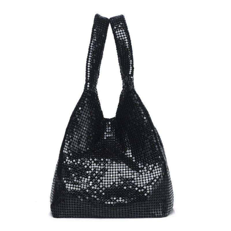 Fashion Metal Mesh Women Shoulder Bags Designer Sier Handbag Shinny Wide Strap Evening Bag Glitter Large Tote Party Purse