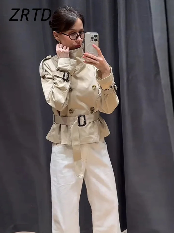 Fashion Womens Short Belt Jackets Turtleneck Double Breasted Full Sleeve Female Trench Coats 2025 Spring Lady Commute Outwear 250716