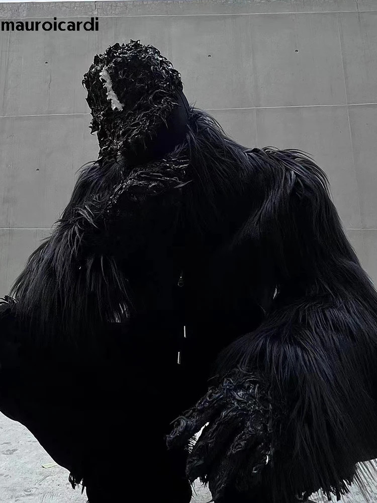 Mauroicardi Autumn Winter Thick Warm Hairy Shaggy CroppEd Faux Fur Coat Men Clothes Black Fluffy Jacket 250715