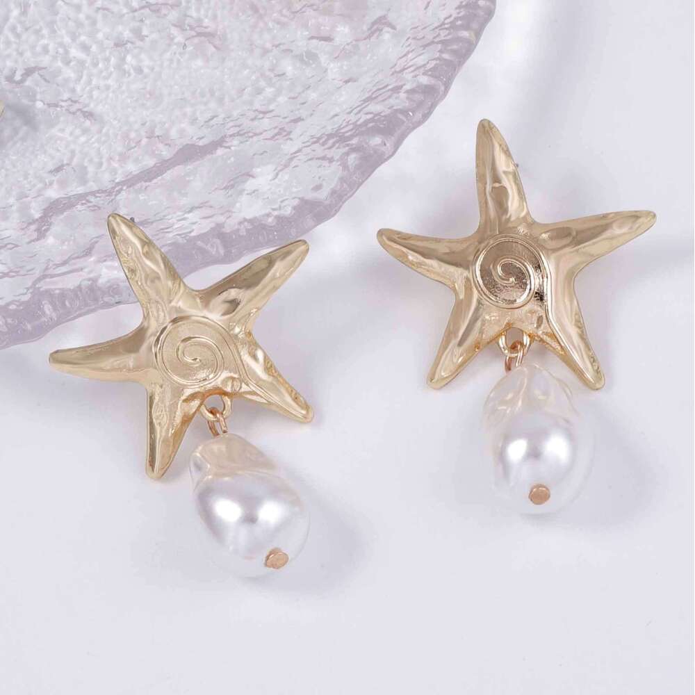 Fashionable High-End Alloy Starfish Imitation Pearl Pendant Simple Ocean Vacation Style Earrings for Women
