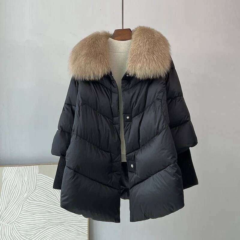 New Female Loose Outerwear Fashion Overcoat Women Winter 90% White Duck Down Jacket With Big Woolen Collar Coat MDNG