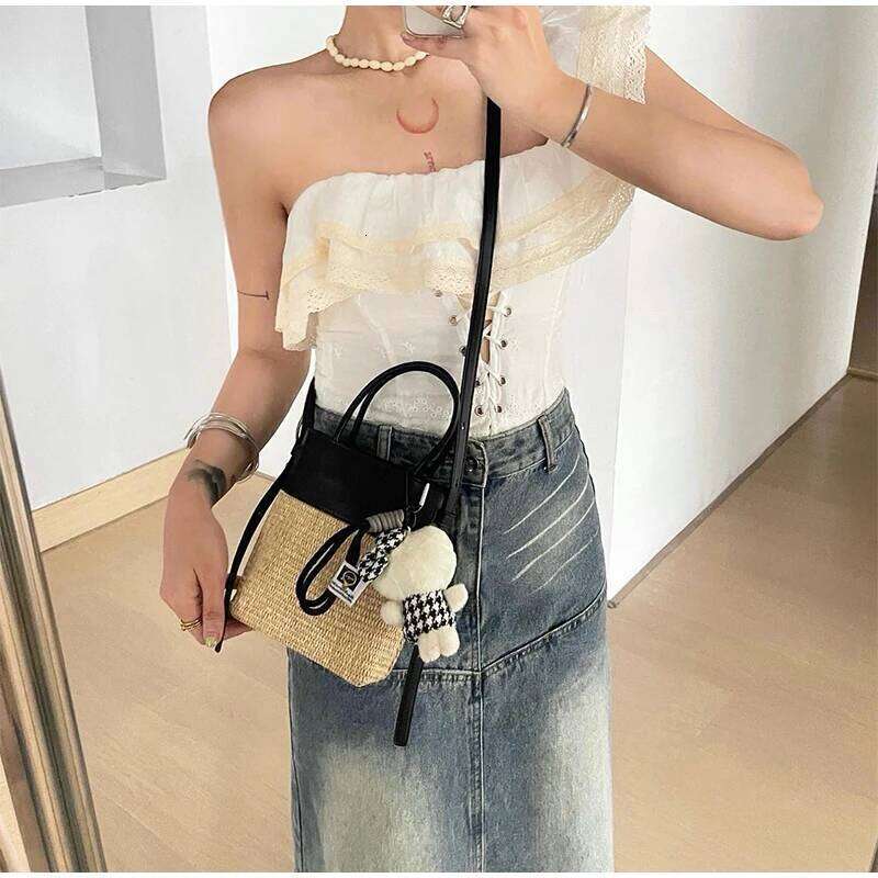 Summer Straw Beach Retro Patchwork Brown Raffia Tote Designer Women Crossbody Bucket Bag Color Blocking Long Shoulderbag