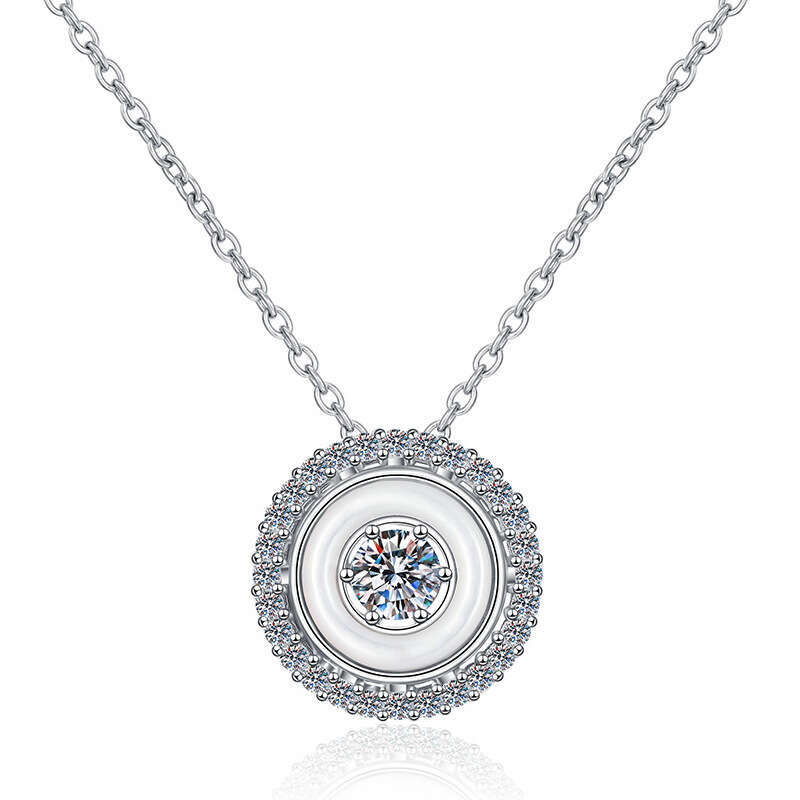 S Pure Sier for Women Natural White Mother-of-Pearl Luxurious Geometric Double Circle Pendant 50 Points Moissanite Necklace ba4