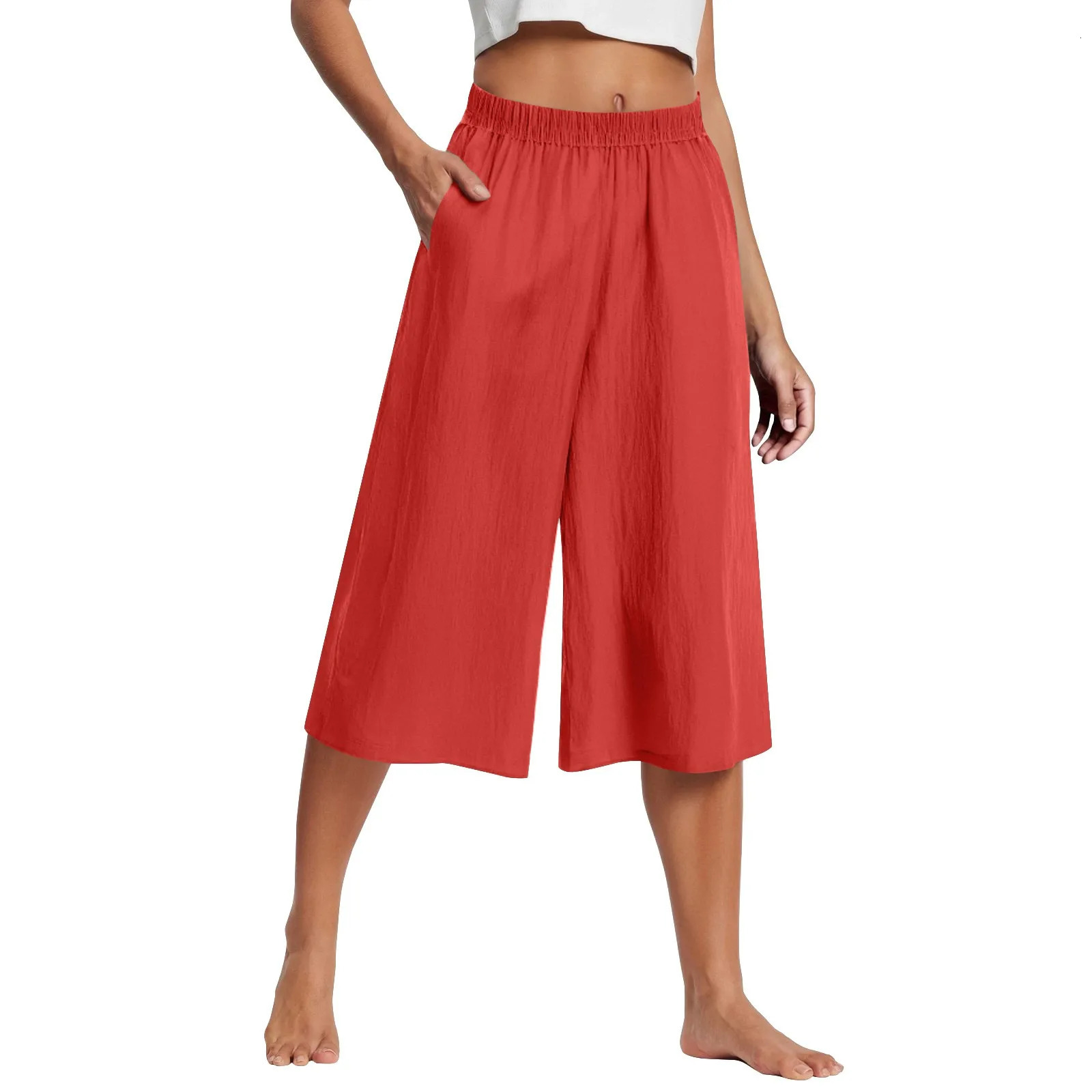 Feamle Casual and Versatile Lazy Style Wide Leg Pants With Pockets Lightweight High Waisted Loose Cropped s 250714