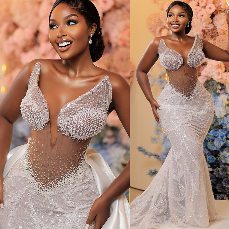 2025 African Ivory Aso Ebi Prom Dress Mermaid Prom Dresess Evening Formal Gowns V Neck Sexy Beaded Lace Pearls Birthday Second Reception Gown For Blac