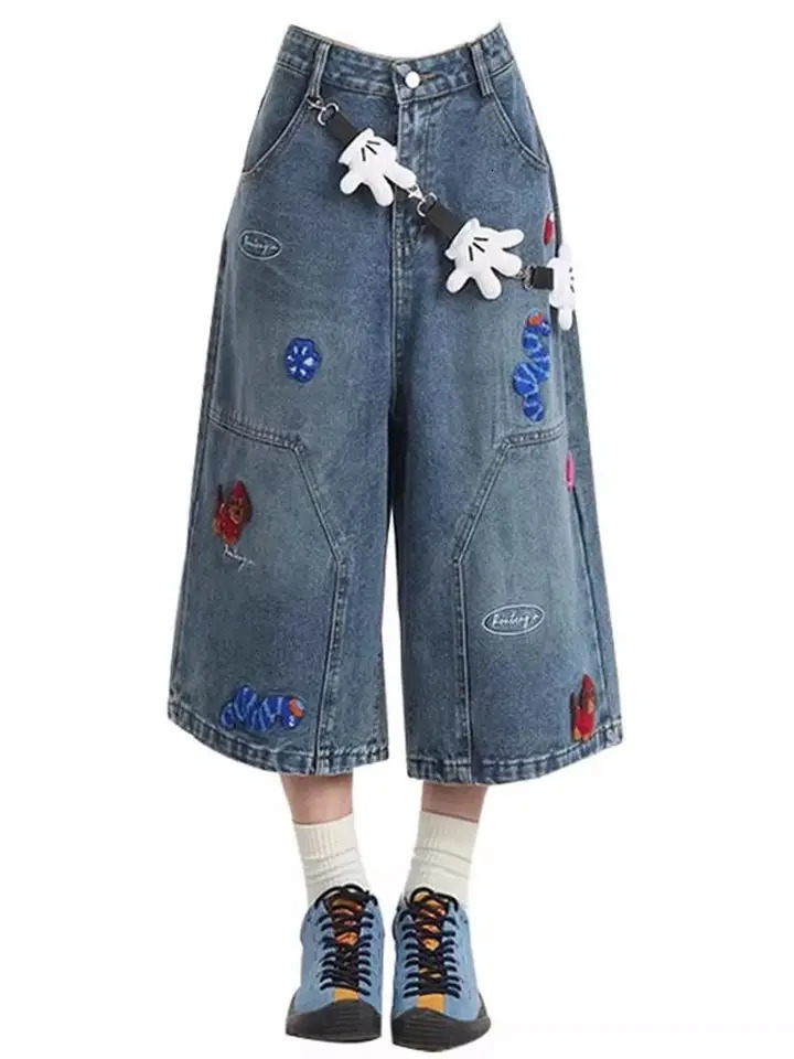 Summer Vintage Washed Style Embroidered Street Y2K Bermuda Jeans Knee Length Denim Jorts Casual Shorts Cropped Trousers 250717